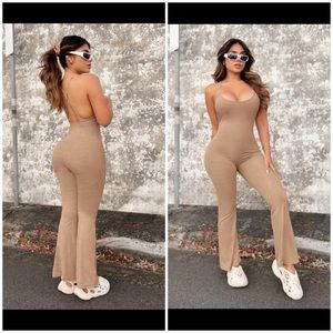 Women’s tan flared leg spaghetti strap jumpsuit
